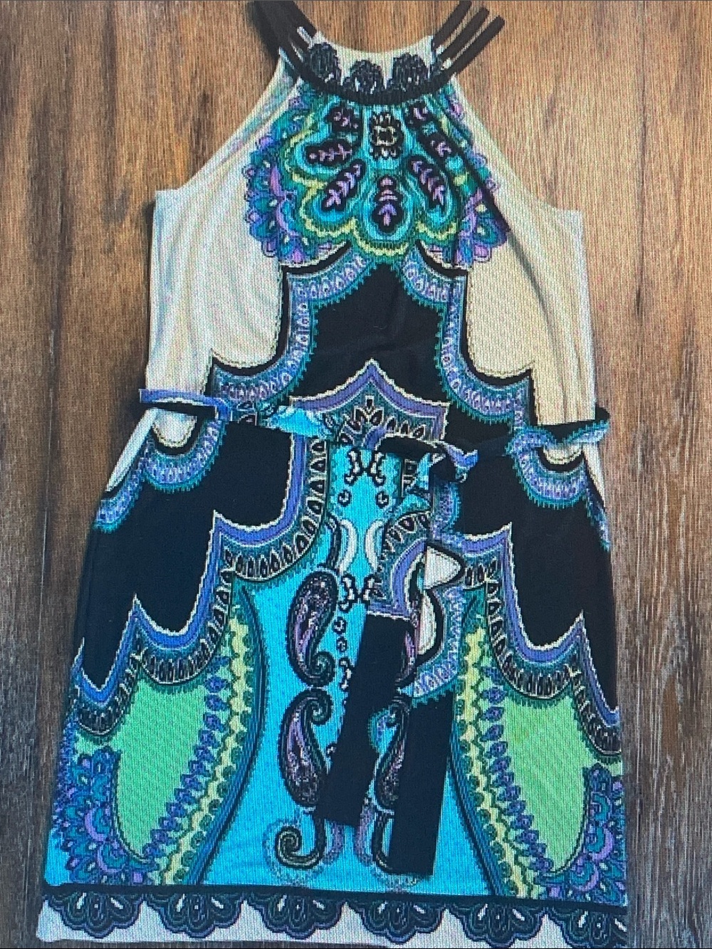 Donna Morgan Aqua, Teal, Purple & Black Paisley Halter Midi Dress